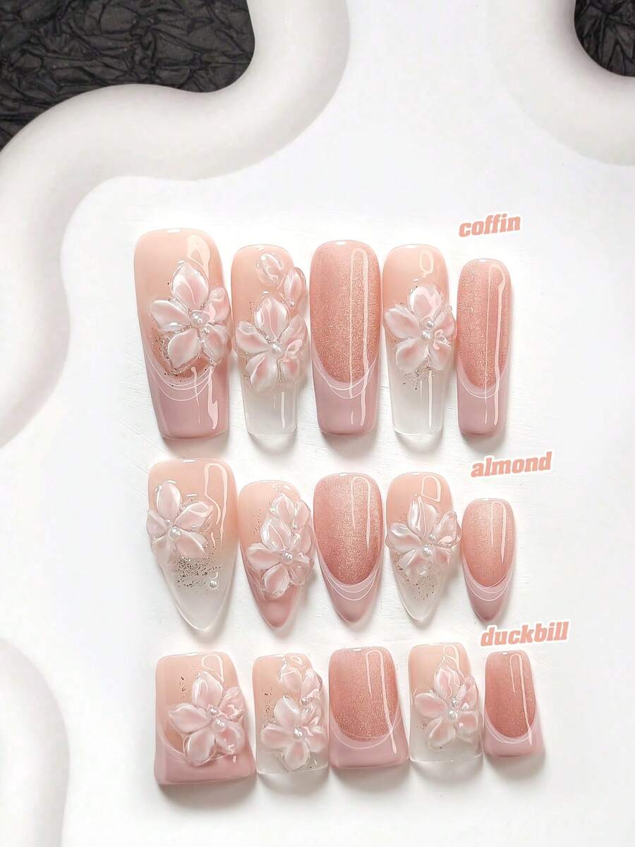 10pcs French Elegant Handmade Nail Art Set, Including Polygel Nail Kit, 5-Petal Flower Nail Decals, Nude Pink Cat Eye Nail Polish, Soft Pink Nail Polish, Nail Tools (1 Jelly Sticker + 1 Nail File). Available In 3 Sizes: Almond, Duck Mouth, Coffin. Suitable For Parties, Daily Wear, Photoshoots, Dates, Spring/Summer Commute Press On Nails - Nhiều màu - Xem 1