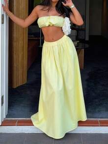 Women's Sexy Strapless 2 Pieces Set In Yellow, Suitable For Party, Beach And Daily Wear, Summer - Yellow - View 3