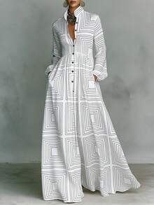 Elegant Retro Slimming Long Sleeve Printed Dress For Women French Style Vacation Bodycon Midi Dress With Waist Cincher Design European And American Fashion Casual Party Wear - 藏青色 - 查看 7