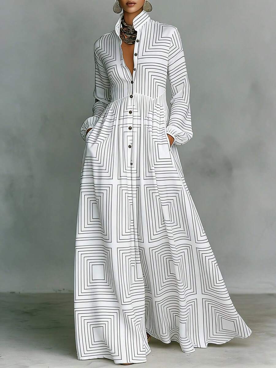 Elegant Retro Slimming Long Sleeve Printed Dress For Women French Style Vacation Bodycon Midi Dress With Waist Cincher Design European And American Fashion Casual Party Wear - 白色 - 查看 1