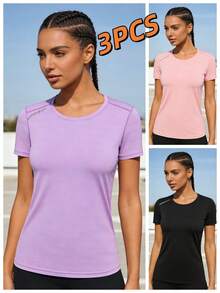 3 peças/Conjunto Novos Lançamentos Primavera/Verão Camiseta Solta Estampada de Manga Curta para Mulheres, Camiseta Esportiva Casual Solta de Manga Curta de Cor Sólida Versátil para Exercícios - Multicolorido - Visão 6