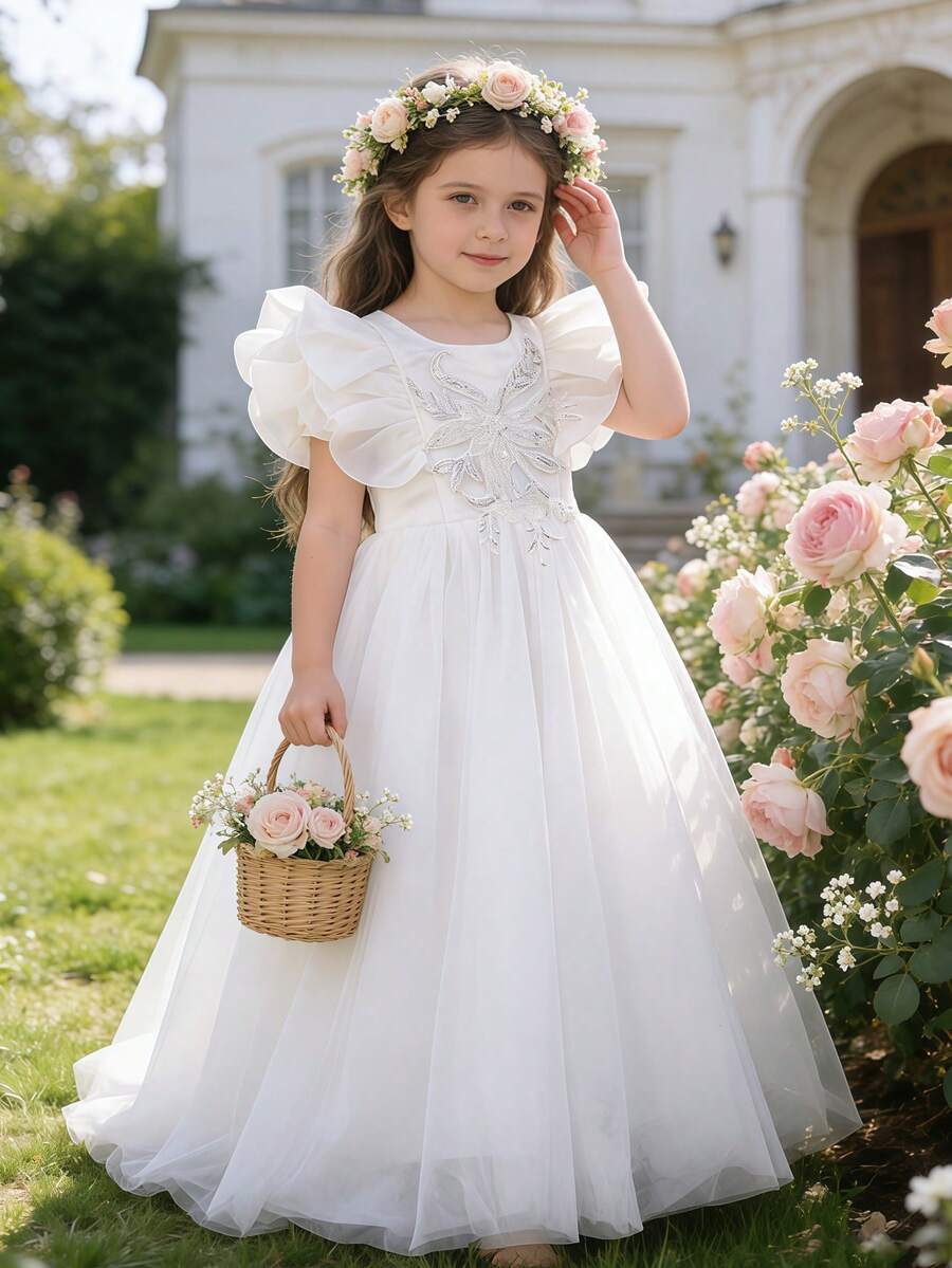 Girls Flower Girl Elegant Embroidered Bow Flutter Sleeve Mesh White Long Dress, Princess Dress For Birthday Party, Ball, Christening - White - View 1