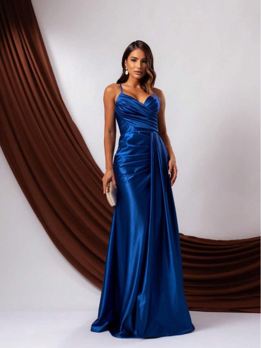 Elegant Long Party Dress. Stylish And Elegant. Knit Fabric. Crinkled Zipper. Logo Dress. Distressed. - 寶藍色 - 查看 1