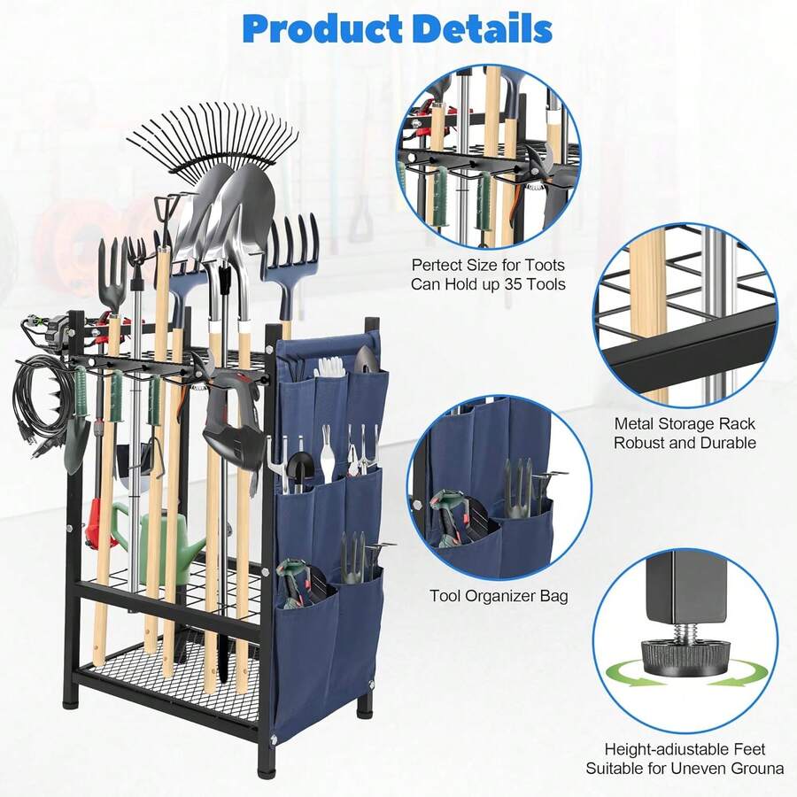 Estante Metálico Multifuncional y Tres Niveles – Ideal para Garaje, Patio, Lavandería o Home Gym, Ofrece Almacenamiento Ordenado para Escobas, Palas, Tapetes de Yoga, Cubetas y Accesorios.Soporte Resistente para Herramientas de Jardín con Sistema de Bolsas Laterales – Ideal para Almacenar Escobas de Calle, Palas de Nieve (en zonas frías), Rastrillos de Hojas y Azadones, Cuenta con Tres Niveles para Organizar Productos Químicos, Guantes o Semillas, Perfecto para Casas con Jardín o Pequeñas Granjas Urbanas. - Negro - Ver 1