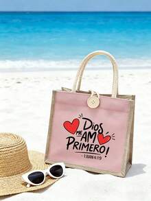 Christian-Themed Tote Bag, Christian Dios Me Am Primero Print Linen Handbag, Spanish Bible Verse 1 Juan 4:19 Handbag For Women, Reusable Religious Faith Shopping Bag With Double-Handle, Bible Study Gift For Christian Women, Beach Bag, Large-Capacity Casual Bag For Commuting, School, Shopping, Daily Use, Travel, Convenient For Outdoor Use, Mother's Day Gift, Christian Gift For Her, Bible Study Bag, Gifts From Christian Believers - Multicolor - View 2