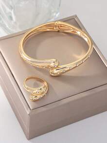 2pcs Set (Rhinestone Water Drop Bracelet And Rhinestone Water Drop Ring), Fashion Rhinestone Inlaid Open Symmetrical Double Water Drop Shaped Cross Bracelet 1pc And European And American Fashion Rhinestone Inlaid Geometric Water Drop Cross Vintage Gold Ring 1pc. Mother's Day Jewelry, Exquisite, Sweet And Elegant Style With Simple And Vintage Design - Gold - View 6