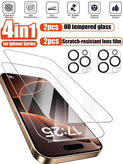 Bộ 4 trong 1 (2 miếng dán màn hình cường lực và 2 miếng dán bảo vệ ống kính camera) - Dành cho iPhone 16 Pro Max, Bao gồm [Thông tin còn thiếu], Tương thích với iPhone 17 Pro Max/17 Pro/17/17 Air/16 Pro Max/16/16 Plus/15 Pro Max/15/14/13/12/11, Chống trầy xước, Độ phân giải cao, Vừa vặn với ốp lưng điện thoại của bạn.