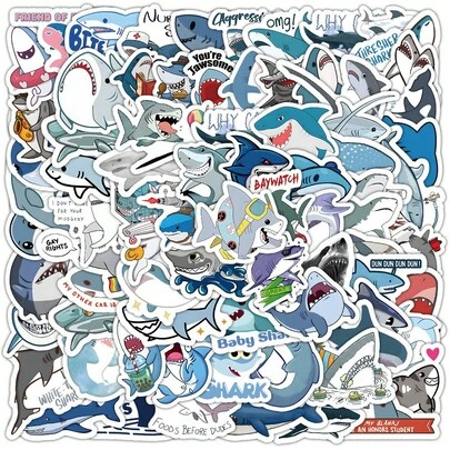 100 piezas Lindo conjunto de pegatinas de tiburón de dibujos animados del océano - Decoración resistente al agua para equipaje y teléfonos