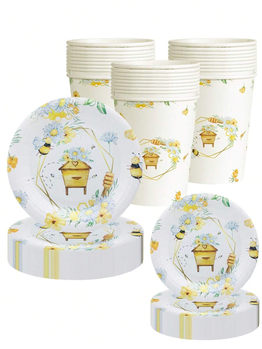 Bee Party Decorations 10Pcs Bees Birthday Paper Plates And Napkins Set Supplies Bee Party Decorations, Including Disposable Plates, Cups, Napkins, Baby Shower Gender Reveal Supplies Serve 10 - Multicolor - View 1