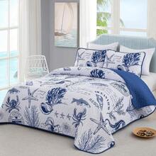 3 Pieces Coastal Quilt Set Queen King Size , Summer Beach Navy Blue Theme Quilts With Pillowcases Microfiber Ocean Bedding Set Nautical Bedspreads Coverlet Lightweight Comforter For Wedding Items, Home Bed Room Decor, Ideal Gifts,All Season - Xanh hải quân1 - Xem 1