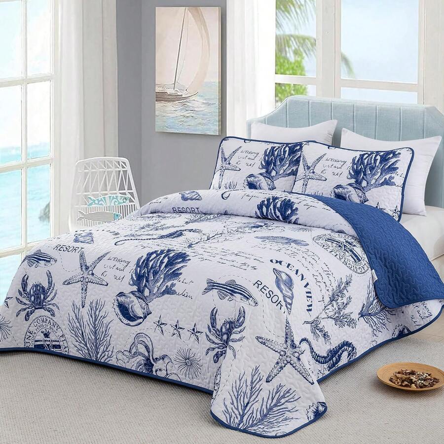 3 Pieces Coastal Quilt Set Queen King Size , Summer Beach Navy Blue Theme Quilts With Pillowcases Microfiber Ocean Bedding Set Nautical Bedspreads Coverlet Lightweight Comforter For Wedding Items, Home Bed Room Decor, Ideal Gifts,All Season - Xanh hải quân1 - Xem 1