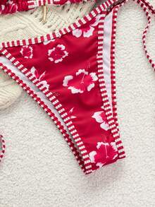 Top de Bikini Triangular Floral - Cuello Halter, Amarre Trasero Ajustable, Ribete a Cuadros en Contraste, Copas Acolchadas, Relleno Removible Vacaciones Verano - Rojo - Ver 6