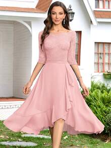 MIUSOL Đầm chữ A bằng chiffon, cổ thuyền, viền bèo nhún, ren hoa, lệch vai, thích hợp làm đầm dự tiệc cưới, đầm mùa xuân, đầm dự tiệc Ngày của Mẹ. - Hồng - Xem 5