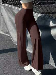 Pantalones acampanados ajustados de unicolor elegantes y modernos para el trabajo y el deporte para mujer, primavera - Café integral - Ver 11