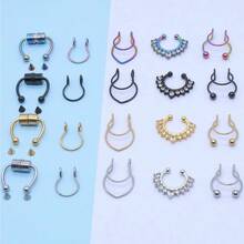 5pcs/20pcs Mixed False Nose Ring Set, False Nose Ring Stainless Steel Septum Ear Accessories, Fashionable Spiral Style Without Perforation - 黑色 5 件/套 - 查看 1