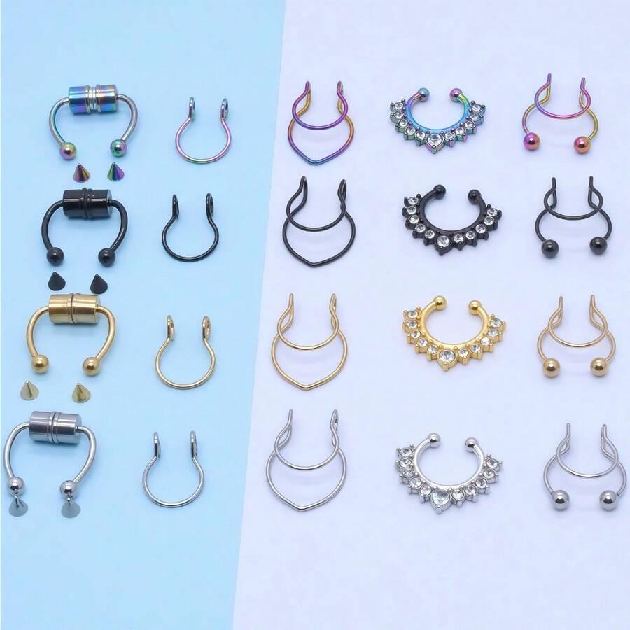 5pcs/20pcs Mixed False Nose Ring Set, False Nose Ring Stainless Steel Septum Ear Accessories, Fashionable Spiral Style Without Perforation - 黑色 5 件/套 - 查看 1