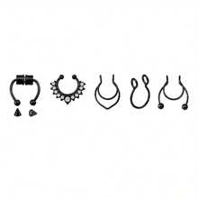 5pcs/20pcs Mixed False Nose Ring Set, False Nose Ring Stainless Steel Septum Ear Accessories, Fashionable Spiral Style Without Perforation - 黑色 5 件/套 - 查看 9