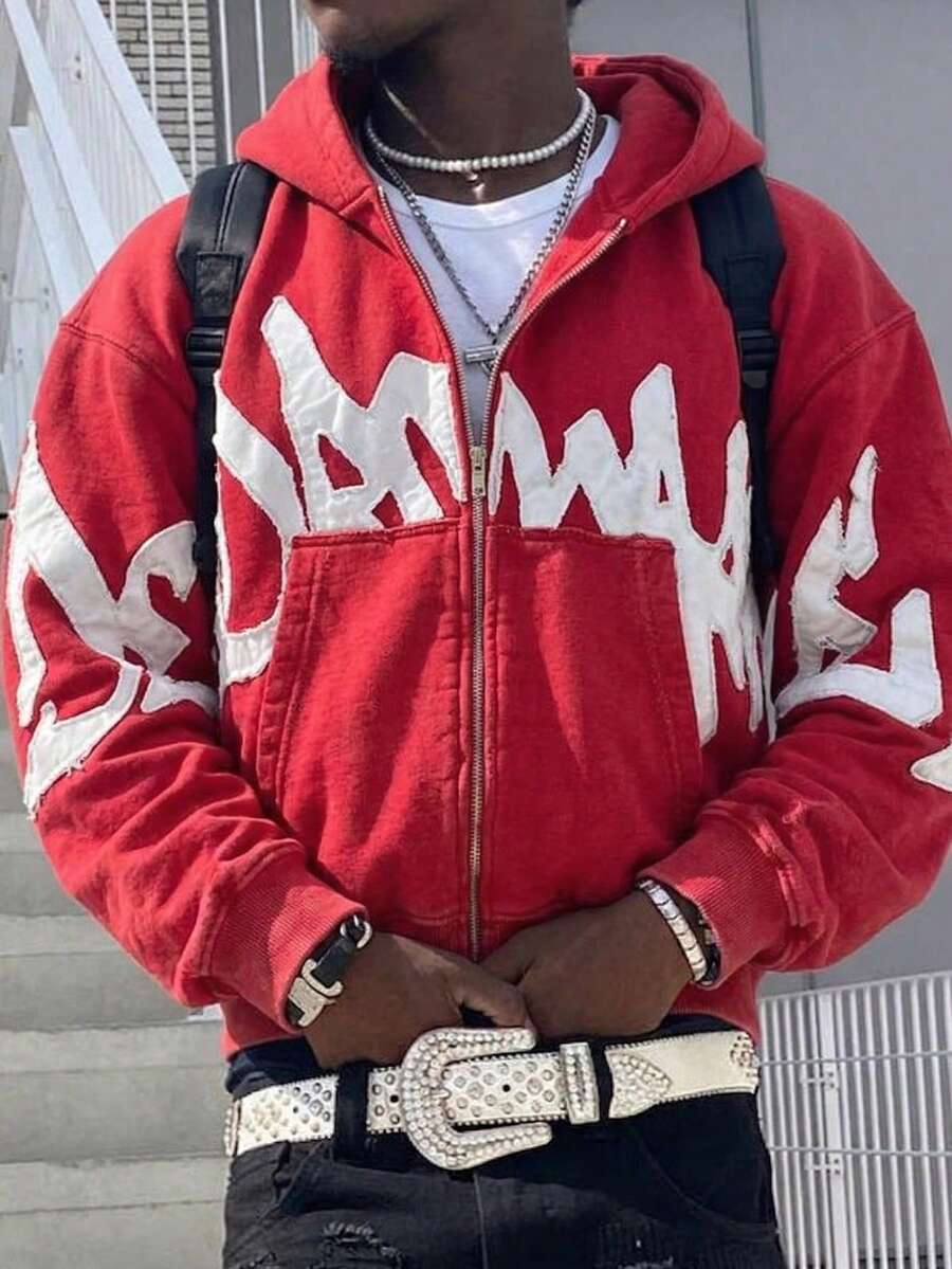 Hooded Sweatshirt With Unique Street-Style 3D Letter Print, Zip-Up Loose Top, Y2K Autumn And Winter - 紅色 - 查看 1