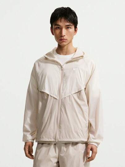 Nike 男士 Windrunner 无衬里全拉链夹克，杏色，轻便防晒贴身夹克 IO9628-100