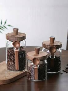 1/3 Glass Jar With Wooden Lid And Spoon, Airtight Kitchen Storage Canister For Spices, Coffee, Candy Etc., Thick Glass, Reusable, Hand Wash Only, Variations In Wood Lid Color And Grains Are Normal, Essential For Back To School - Multicolor - View 2