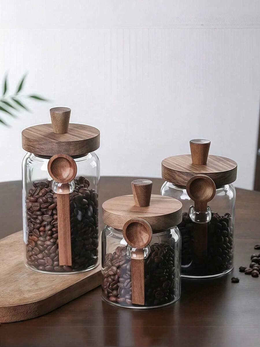 1/3 Glass Jar With Wooden Lid And Spoon, Airtight Kitchen Storage Canister For Spices, Coffee, Candy Etc., Thick Glass, Reusable, Hand Wash Only, Variations In Wood Lid Color And Grains Are Normal, Essential For Back To School