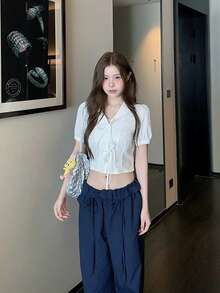 学院风领结短袖衬衫，女士夏季款，白色 - 白色 - 查看 3