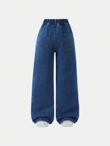 1pc Girls Casual Loose Straight Leg Distressed Vintage Denim Jeans, Suitable For Summer - Medium Wash - View 3