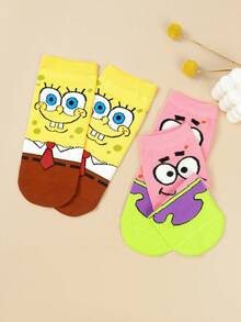 SpongeBob SquarePants 6/2 Pairs Women's Yellow & Pink Square Pattern & Printed Short Socks, Polyester Fabric, Breathable Soft Lightweight, Cute Cartoon Style, Suitable For Spring Casual Daytime And Nighttime Sleepwear - Multicolor - View 5