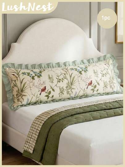 1pc Floral & Leaf Print Long Decorative Lumbar Pillow Cover - Made Of Soft Polyester Fabric, Green Pillow Sham Suitable For Bedroom Sofa - Decorative Waist Cushion, Winter Decor, Gift For Her, Suitable For All Year Round