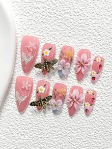 10Pcs French Countryside Style Handmade Press On Nail,Polygel Nail Set,3D Golden Retro Dragonfly,Pink Flowers,Blue And Pink Nail Polish,Summer Vacation Style,Includes Nail Tools,3 Sizes Available,Almond,Duck,Coffin Nails For Party,Dance,Daily Wear. - 彩色 - 查看 16