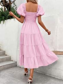 Women's Casual Summer Midi Dress With Puff Short Sleeves, Square Neck, Smocked Waist And Tiered Ruffle Hem. - 粉色 - 查看 3