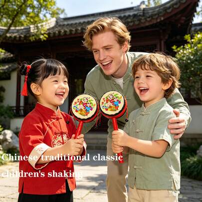 Traditional Chinese Style Rattle Drum Toy, Children's Grip Training Monkey Drum Soother Rattle, Suitable For Children 3+ Years Old Educational Hand Shaking Toy
