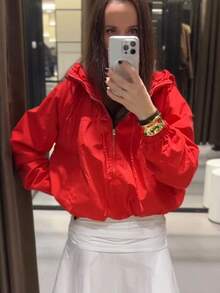 TF.MLN 女士春秋新款时尚红色蝴蝶结装饰连帽外套 - 紅色 - 查看 2