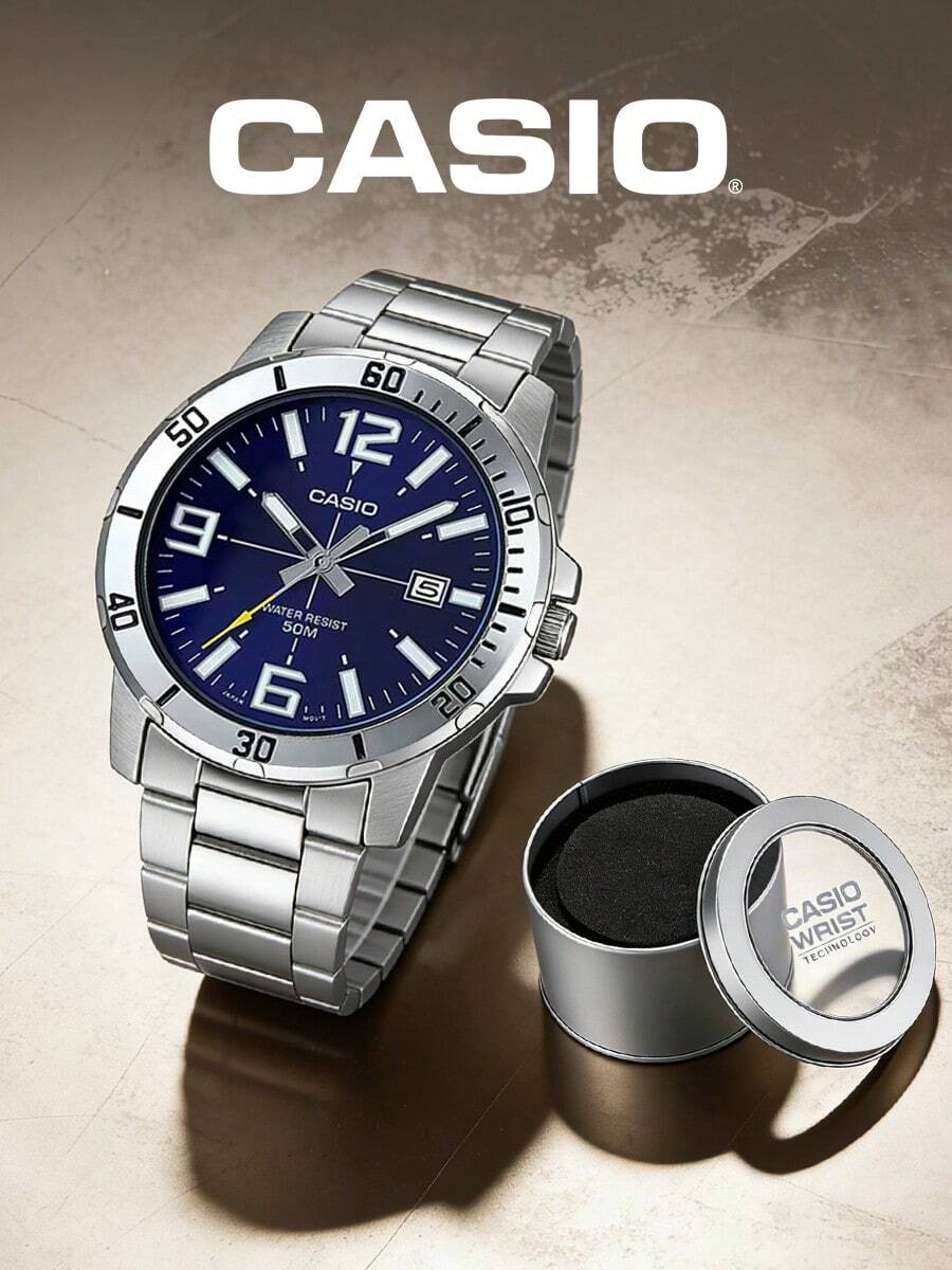 Jam Tangan Quartz Pria Casio, Casing Stainless Steel, Tahan Air untuk Kantor, Pesta, dan Pemakaian Sehari-hari MTP-VD01D-2B - Satu-Ukuran - View 1