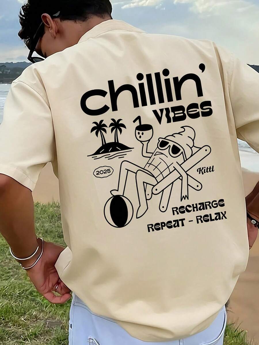 男士印花T恤，沙滩夏季宽松短袖T恤 - 杏色 - 查看 1