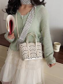 Niche Design Hollow Lace Mini Handbag, Solid Color PU Leather Gentle Style Spring/Summer Daily Shoulder Bag, Suitable For Beach, Picnic, Commute, Date - White - View 4