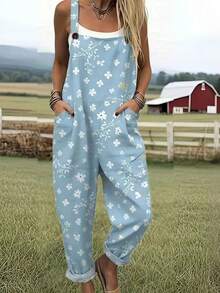 Small Floral Print Women's Adjustable Strap Jumpsuit, Polyester Fiber Fabric, Lightweight And Breathable, Women's Clothing, Regular Women's Clothing, Women's Jumpsuits And Rompers, Women's Jumpsuit, Women's Plus Size Jumpsuit - 彩色 - 查看 2