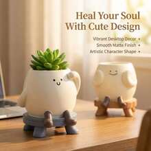 1 pièce Pot de fleurs créatif en forme de personnage assis, pot de plante succulente mignon au visage souriant, décoration de bureau d'intérieur et d'extérieur pour la maison - multicolore - Voir 1