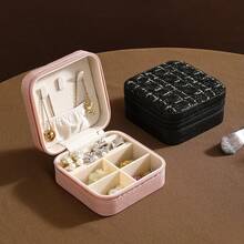 1 pieza Caja de almacenamiento de joyas portátil, con divisores extraíbles de múltiples compartimentos y ganchos para collares, contenedor compacto de cuero sintético apto para aretes, anillos, regalo ideal para mujeres y niñas para viajes y uso diario - Multicolor - Ver 3