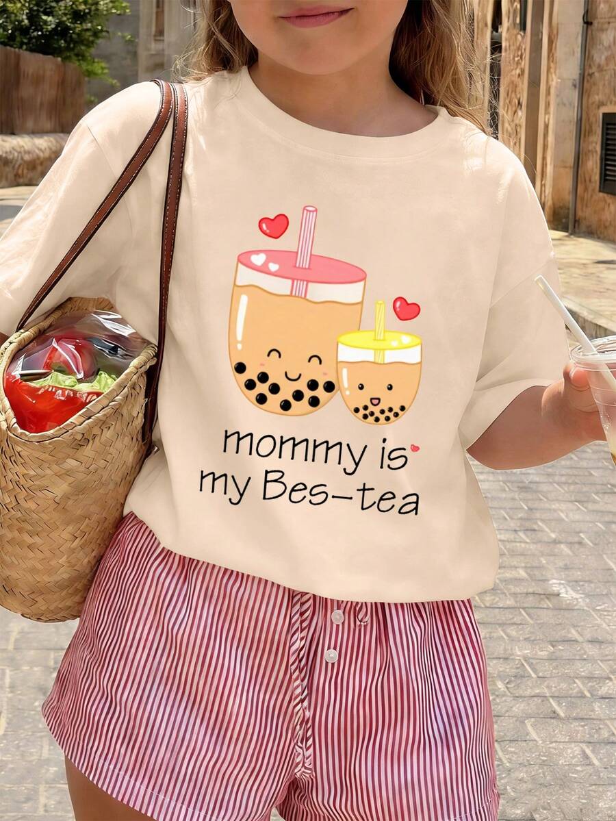 Áo thun cổ tròn in hình hoạt hình dành cho bé gái, thích hợp mặc thường ngày vào mùa hè. - Màu be - Xem 1