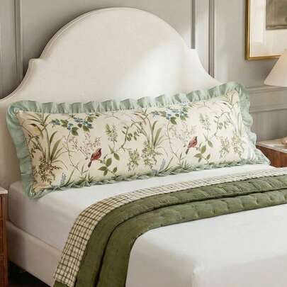 1pc Floral & Leaf Print Long Decorative Lumbar Pillow Cover - Made Of Soft Polyester Fabric, Green Pillow Sham Suitable For Bedroom Sofa - Decorative Waist Cushion, Winter Decor, Gift For Her, Suitable For All Year Round