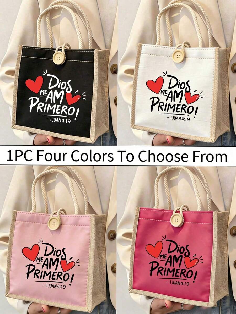 Christian-Themed Tote Bag, Christian Dios Me Am Primero Print Linen Handbag, Spanish Bible Verse 1 Juan 4:19 Handbag For Women, Reusable Religious Faith Shopping Bag With Double-Handle, Bible Study Gift For Christian Women, Beach Bag, Large-Capacity Casual Bag For Commuting, School, Shopping, Daily Use, Travel, Convenient For Outdoor Use, Mother's Day Gift, Christian Gift For Her, Bible Study Bag, Gifts From Christian Believers - Multicolor - View 1