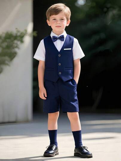 3 件套年轻男孩优雅舒适绅士装，卡其色背心和短裤配领结，适合日常穿着、户外、学校、派对、节日、拍照、夏季