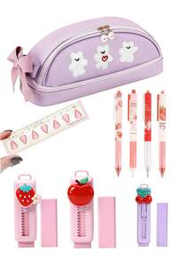 1 Bộ Hộp Bút Nữ Tính Hình Nơ & Quả Cherry, Hộp Văn Phòng Phẩm Tối Giản, Bộ Đồ Dùng Học Tập Dễ Thương Cho Học Sinh Bao Gồm Thước Dây Hình Dâu Tây, Tẩy, Bút - Bộ hộp bút hình dâu tây - Xem 10