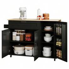 (=N635P21858284D) Large Mobile Kitchen Table 132.5*44(70)*90 Cm, Folding Top, Oak Finish, Multifunctional Cabinet, Spice Rack, Towel Rack, 5 Wheels, Suitable For Kitchen/Dining Room/Home - Black - View 7