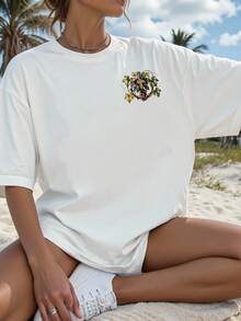 Summer T-Shirts, Graphic Print T-Shirts, Short Sleeve, Round Neck, Casual Tops For Summer And Spring, Women's Clothing, Cotton T-Shirts, Spring Tops For Women. - White - View 2