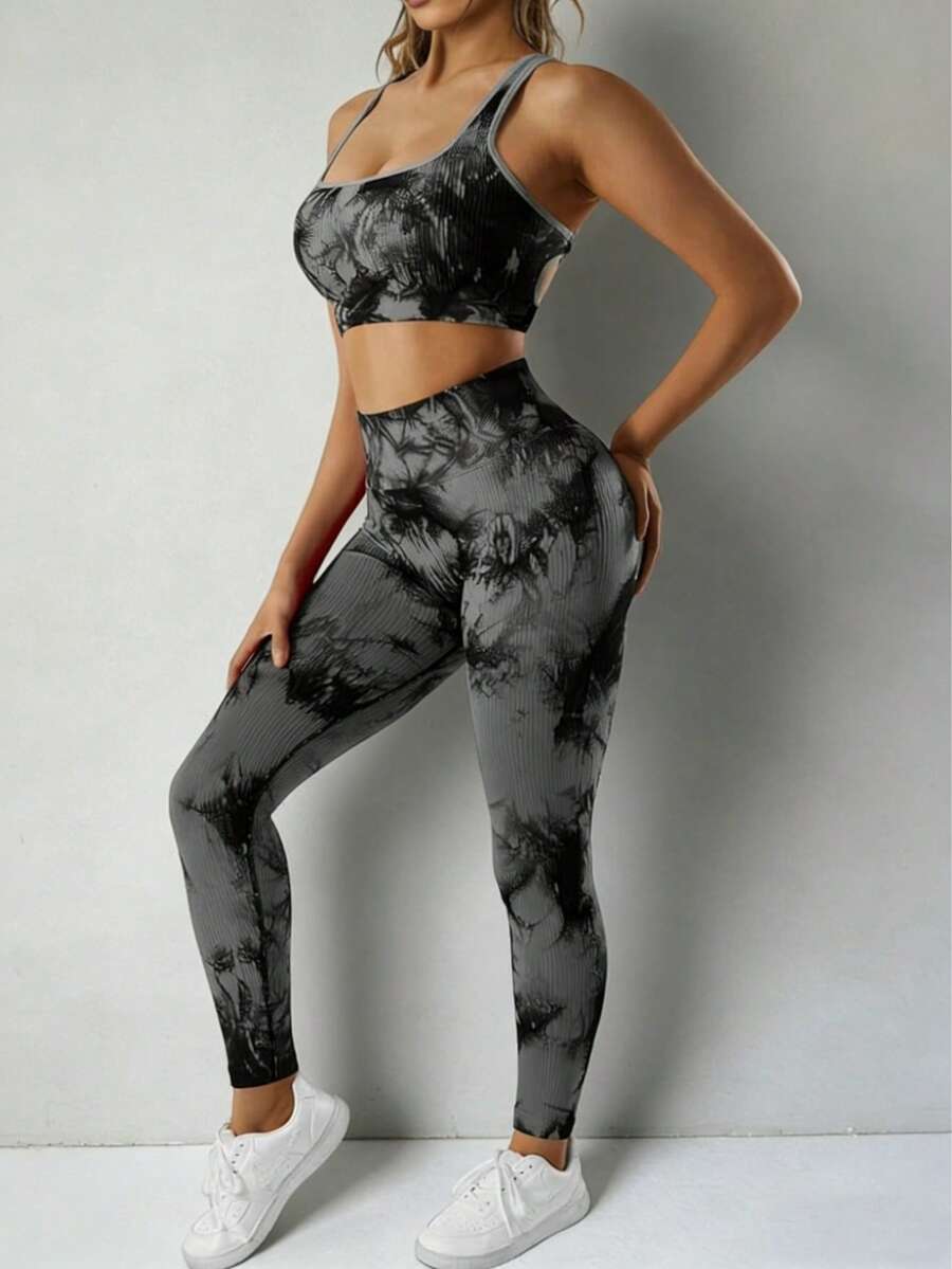 OMKAGI  Women's Seamless Casual Two-Piece Set - Stylish Back Strap Backless Top High-Waisted Tummy-Reducing And Hip-Raising Yoga Pants Yoga And Pilates Set European Style Streetwear Set - Nhuộm Tie Dye Đen - Xem 1