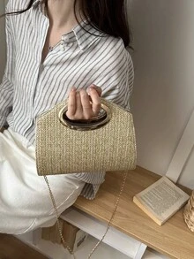 Túi xách rơm màu trơn mới năm 2026 với khóa kim loại, kiểu dáng tối giản thanh lịch theo phong cách Châu Âu và Mỹ, phù hợp cho tiệc tối, kỳ nghỉ và đi làm, túi đeo vai/túi xách tay. - Màu Khaki - Xem 6