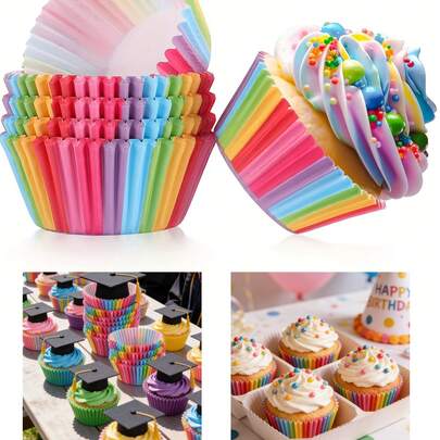 200pcs Rainbow Cupcake Liners, Grease-Proof Baking Cups, Colorful Cupcake Wrappers, Suitable For Baking, Birthday Party, Wedding, Graduation, Mother's Day, Music Festival, Bachelor/Bachelorette Party Cake Decorations