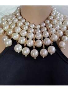 手工精制优雅圆形大珍珠金属叠层项链，时尚婚礼/节日奢华珠宝颈链，女士款 - 白色 - 查看 5